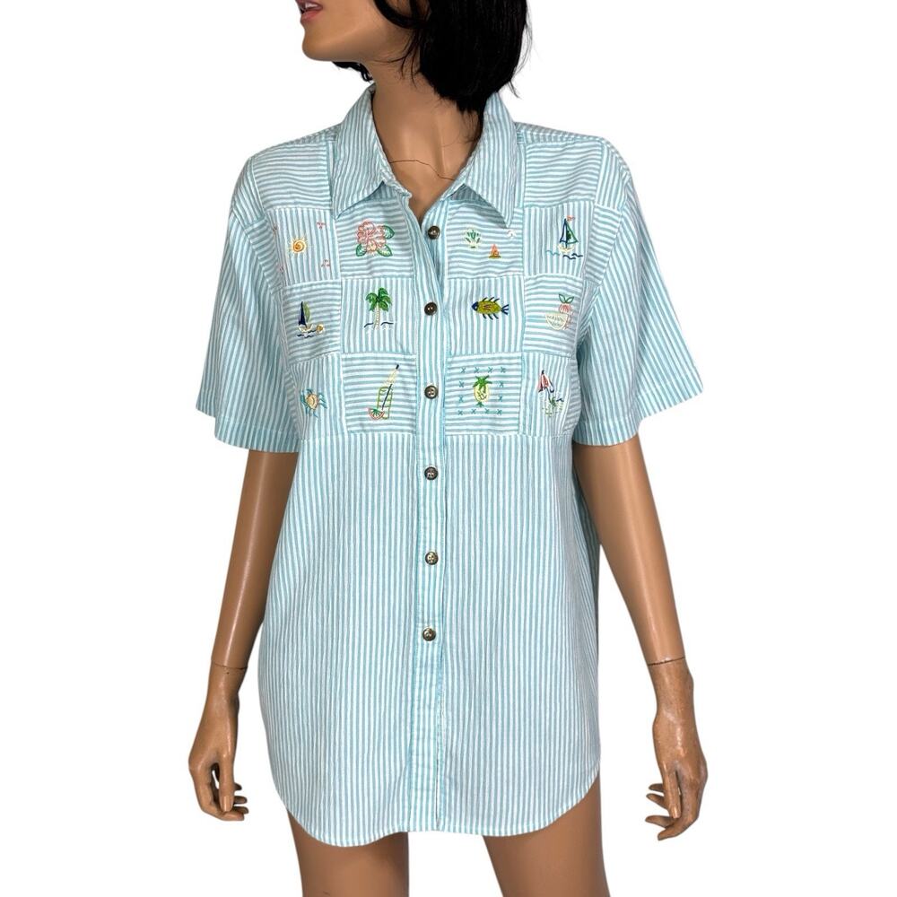 Vintage 90s Button Front Shirt M Blue Stripe Embroidered Coastal